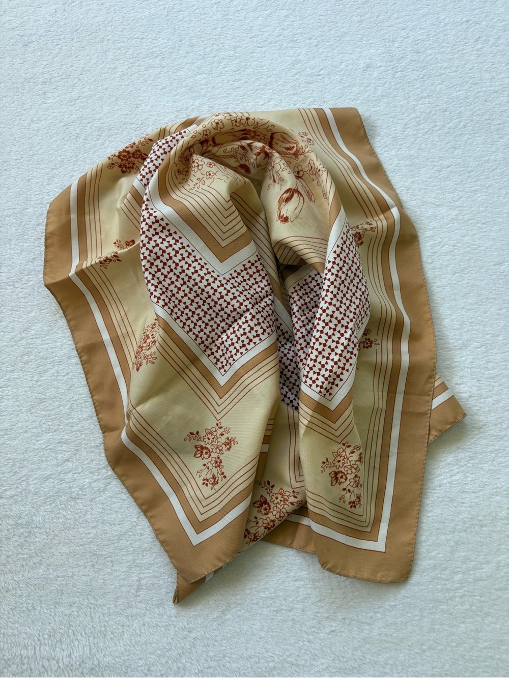 Vintage-Inspired Beige & Brown Floral Silk-Like Scarf